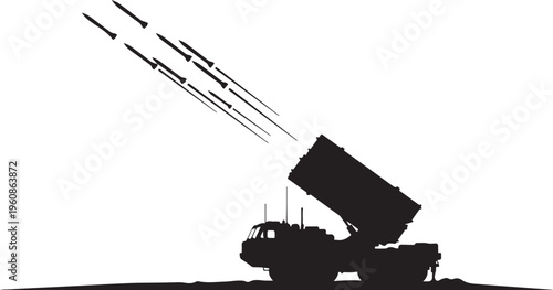 Missile Launcher, Military Vehicle, Defense System, Black Silhouette Vector