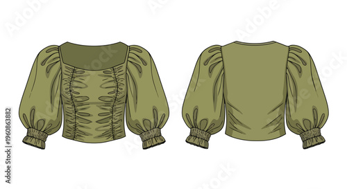 Fashion flat sketch of an olive green blouse for women, featuring puff sleeves and a ruched bodice, presented with clear front and back views for