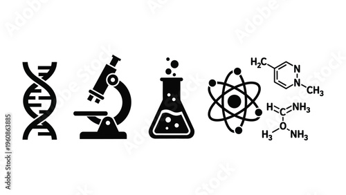 Scientific Symbols Lineup: A series of essential scientific symbols come together, each representing a crucial aspect of scientific exploration. The icons highlight the essence of discovery.