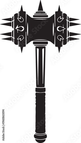 Black spiked mace, medieval battle weapon, Gothic club, vector illustration