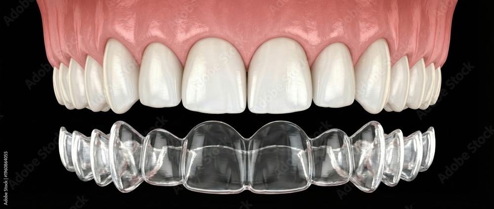 Obraz premium Invisible clear plastic aligner floating below human upper teeth. Medically AI image 3D illustration of orthodontic dental retainer isolated on black background, rendering.
