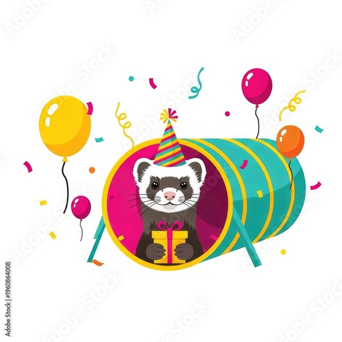 Happy National Ferret Day illustration with a cute ferret and party elements