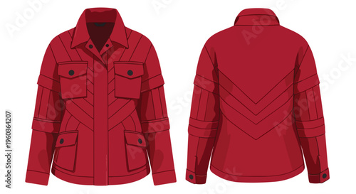 Vibrant red utility jacket vector, front and back views. Features multiple pockets and distinctive rear design.