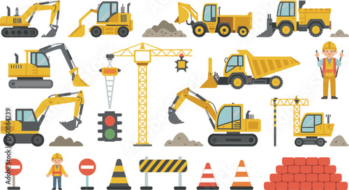 Construction machinery vector icons set, excavator crane dump truck loader heavy equipment workers tools flat illustration industrial collection