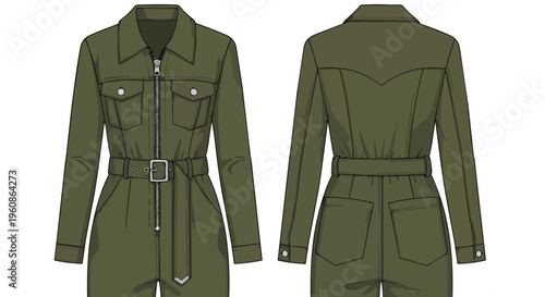 Modern utilitarian jumpsuit flat sketch in olive green with zipper and belted waist for fashion apparel design.