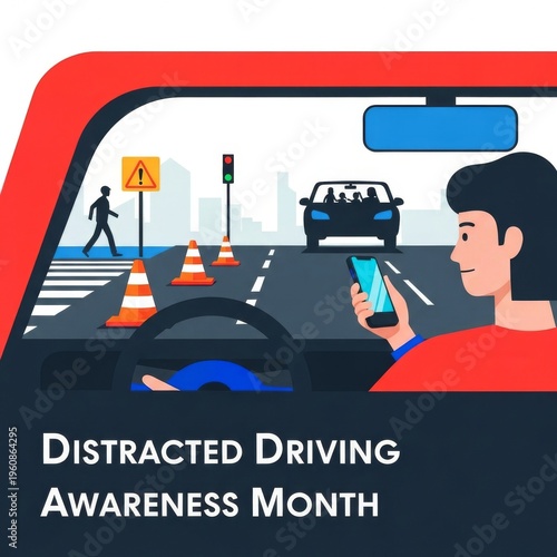 Distracted Driving Awareness Month flat illustration showing driver on phone