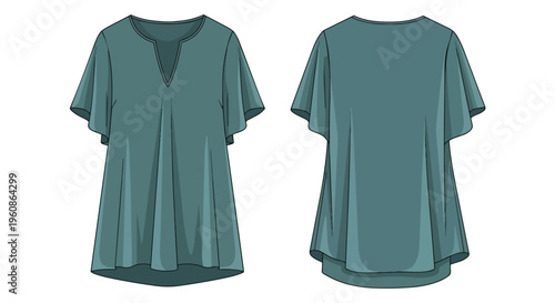 Stylish teal loose-fitting women's blouse with V-neckline and wide dolman sleeves, front and back technical drawing
