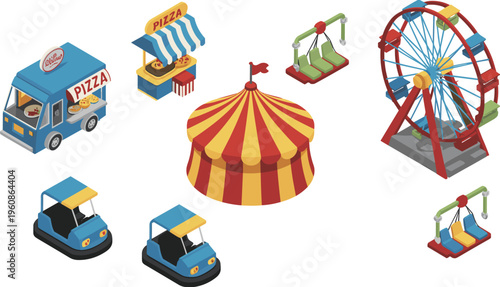 Isometric carnival amusement set, circus tent ferris wheel swing ride pizza truck bumper cars train festival vector illustration collection