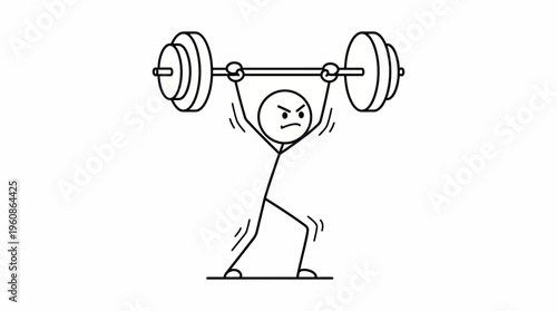 Strained stick figure man struggling to lift a heavy barbell overhead, demonstrating immense power and effort on an isolated white background.
