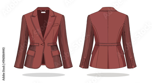 Elegant women's terracotta blazer vector illustration showcasing front and back views with detailed tailoring, pleated sleeve accents, and a smart