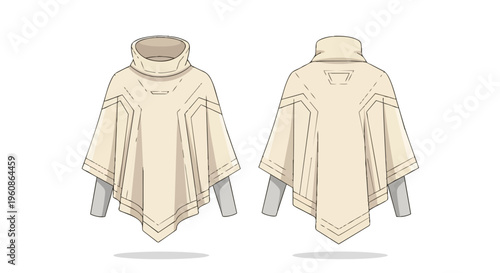 A precise technical flat illustration of a contemporary unisex poncho. This design showcases both front and back perspectives, highlighting its