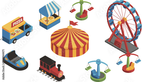 Isometric carnival set, circus tent ferris wheel swing rides pizza truck bumper car train amusement park vector illustration