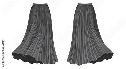 Elegant gray pleated maxi skirt vector illustration showcasing flowing fabric design, perfect for fashion templates and digital garment