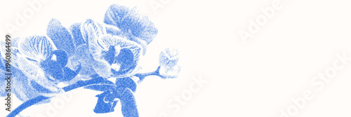 Blue cyanotype orchid botanical background. Stipple dot overlay texture with flower and twig silhouette. Delicate indigo blue nature banner for template and graphic design project