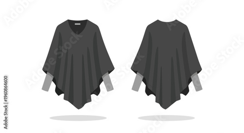 A modern vector illustration displays a stylish dark gray poncho with light grey long sleeves, featuring clear front and back views, excellent for