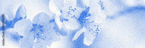 Blue cyanotype apple blossom botanical background. Stipple dot overlay texture with flower and twig silhouette. Delicate indigo blue nature banner for template and graphic design projec