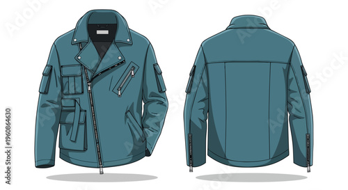 Detailed technical flat sketch illustration of a modern teal utility jacket with multiple pockets and zippers, showing both front and back views for