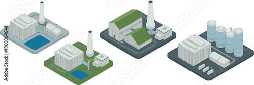 Isometric industrial factory set, power plant manufacturing buildings refinery tanks energy production facilities vector illustration collection engineering industry