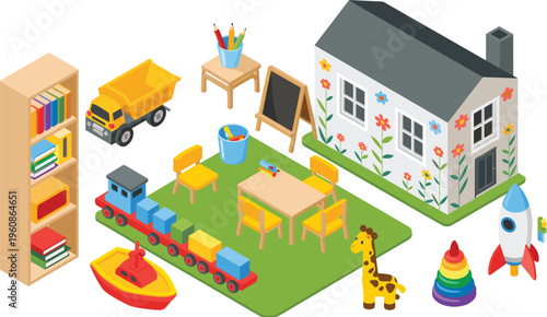 Isometric kids classroom scene, preschool toys furniture school building train blocks rocket colorful education playroom vector illustration design