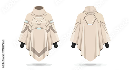 Avant-garde sci-fi poncho with high collar and intricate geometric detailing