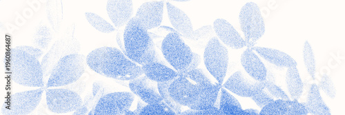 Stipple graphic background with blue cyanotype print effect. Hydrangea flowers silhouette overlay vector texture on white background.