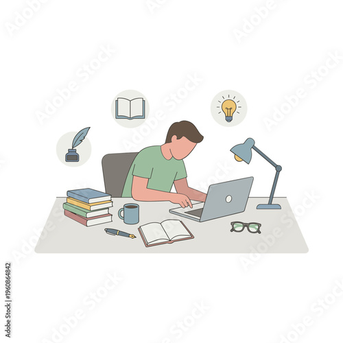 Man studies intently on laptop surrounded by books and stationery indoors