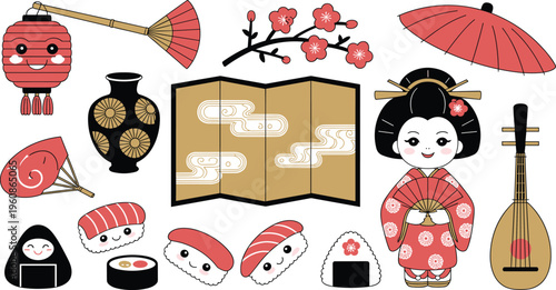 Japanese culture icons set, geisha kimono lantern fan sushi umbrella shamisen sakura traditional vector illustration design collection elements