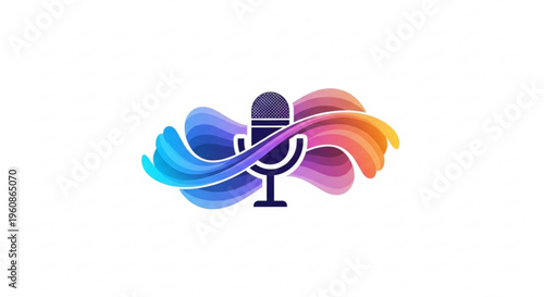 Vibrant microphone icon with rainbow swirls on white background for podcasting and music