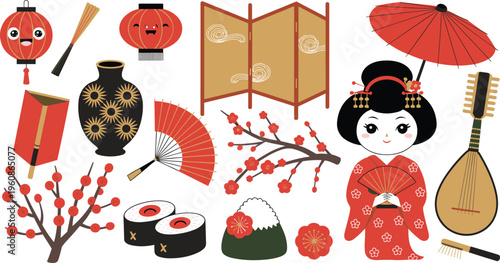 Japanese culture icons set, kimono geisha lantern fan sushi umbrella shamisen cherry blossom traditional vector illustration collection
