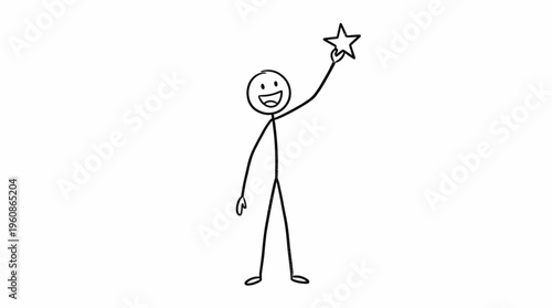 Happy stick figure man reaching for a star, symbolizing ambitious goal achievement on an isolated white background.