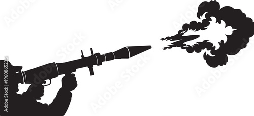 Silhouette of soldier firing rocket launcher, black silhouette, military action, explosive blast