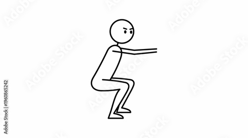 Focused stick figure person struggling with a deep squat exercise, showing great effort on an isolated white background.
