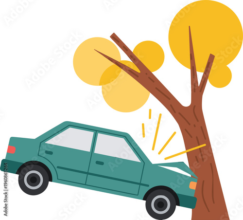 Car crash into tree, vehicle accident collision damage on road isolated on white background vector