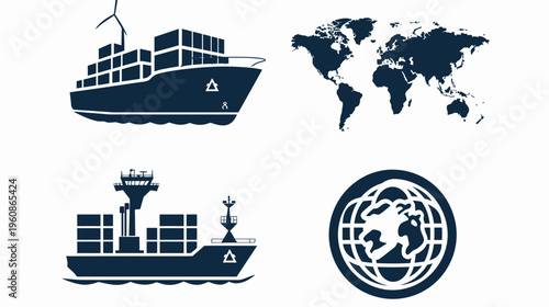 Four dark navy icons of global shipping and a world map on a plain white background