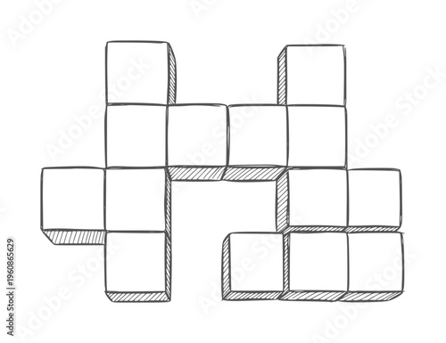 Abstract geometric three dimensional block puzzle arrangement in black and white