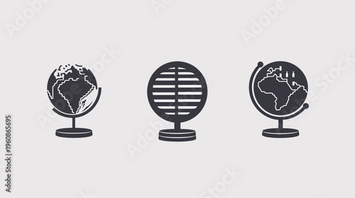 Three simple globe icons in dark gray, set against a light gray background, for geography or education