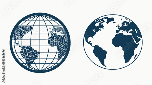 Two globes side-by-side one with grid lines and fragmented landmasses, the other with solid continents