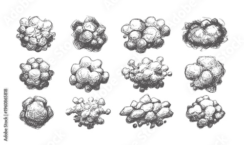 Monochrome handdrawn clusters resembling aggregated cells or grapes abstract