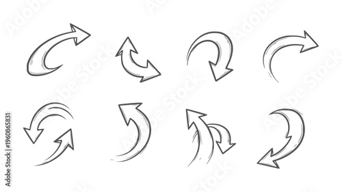 Seven black curved arrow in various circular rotation styles arrows clockwise