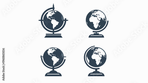 Four stylized globes depicting the world on stands with simplistic shading and white backgrounds