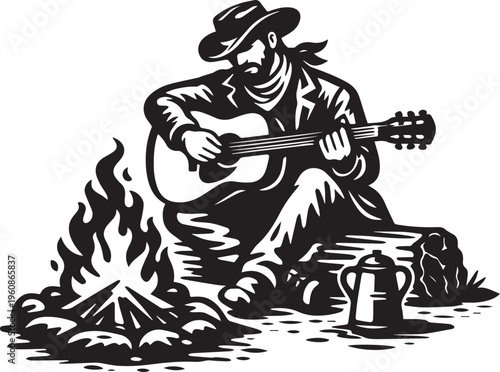 Cowboy Playing Guitar by Campfire Vintage Engraving Vector Illustration