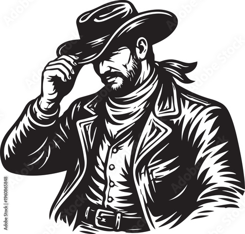 Cowboy Adjusting Hat Vintage Engraving Vector Illustration