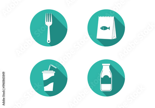 Flat Food and Beverage Icon Set with Long Shadows