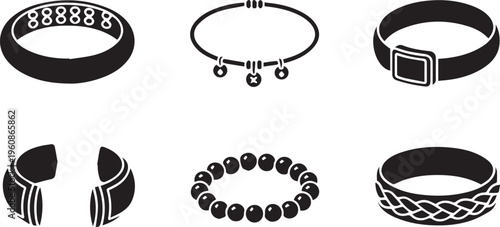 Jewelry Bracelet and Bangle Silhouette Icon Set: Beaded, Braided, and Charm Accessories