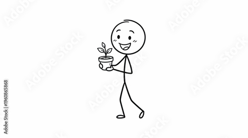 Happy stick figure person holding a small potted plant, symbolizing environmental care on an isolated white background.
