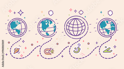 Colorful illustrated journey Globes and dotted lines with icons like a comet, a loop, and a curved arrow