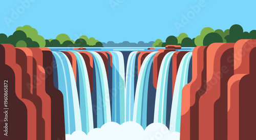 Minimalist Flat Vector Illustration of a Majestic Waterfall Cascading Down Red Rock Cliffs with Blue Sky and Lush Greenery