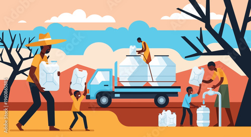 African Community Gathering Clean Water from a Relief Truck and Tap in Arid Landscape, Water Scarcity and Humanitarian Aid Concept Flat Vector Illustration