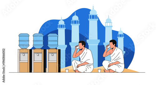 Muslim Pilgrims in Ihram Drinking Water Near Mosque During Hajj or Umrah Pilgrimage Flat Vector Illustration