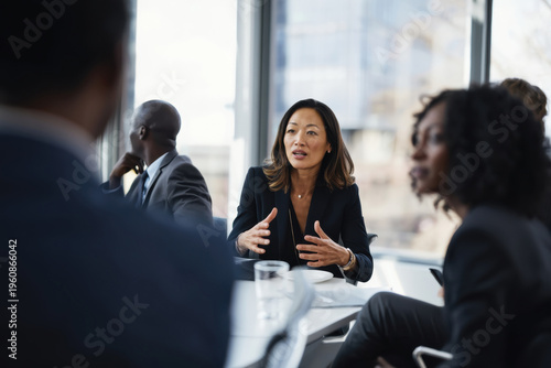 A dynamic business meeting taking place in a modern office setting where diverse professionals engage in passionate discussions, showcasing teamwork and communication skills.